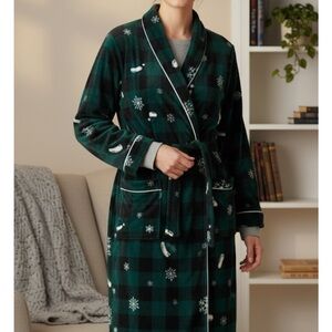 UNBRANDED Plaid Snowflake Robe, New without Tags, Women’s XL, Green Black White